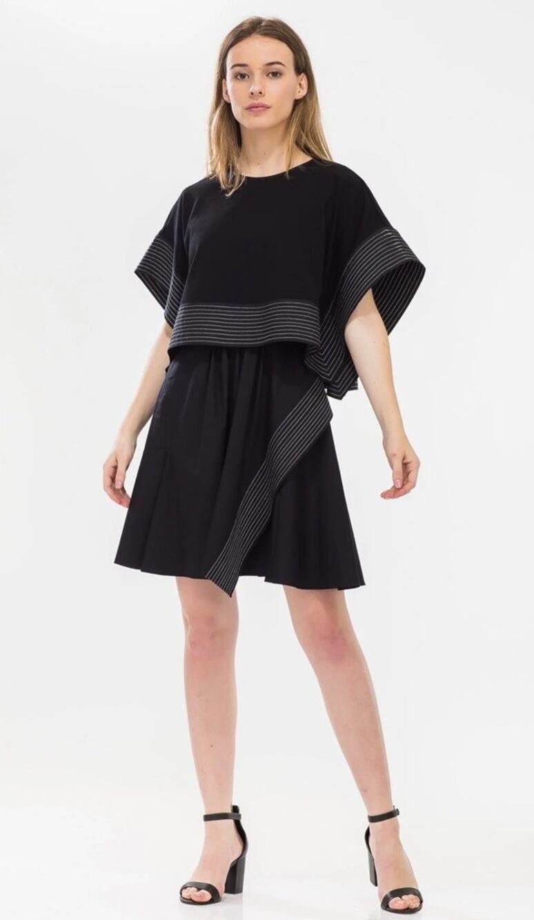 3.1 Phillip Lim Black Poplin Crop Top Overlay Dress 2 Piece Kimono Sleeve Sz 12